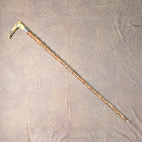 1901年 英国アンティーク バンブーシャフト L字アントラーハンドル 純銀装飾 ステッキ 杖 81cm